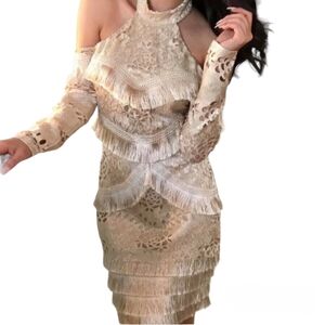 L'atiste Gold Tassel Women Halter Nexk knee level Dress  US Size S